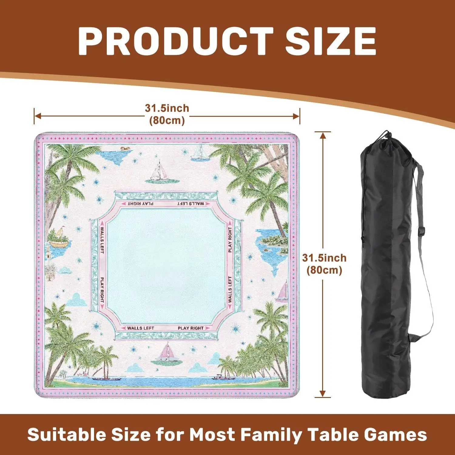 Luxury Neoprene 3mm Mahjong Mat 31.5 Inch Pastel Tropical Palm Sailing Boat Print Non Slip Noise Reduction for Tabletop Games