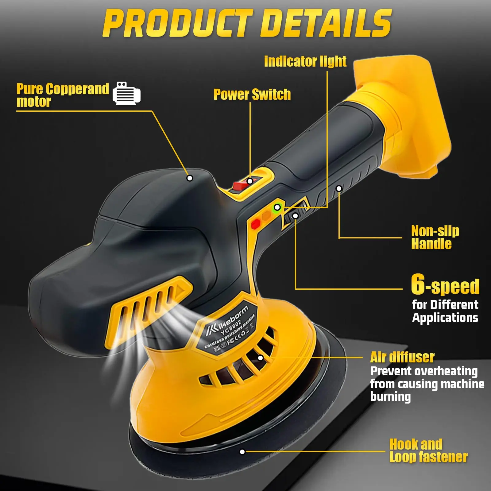 Lucidatrice elettrica per buffer per auto, binario a velocità variabile a 6 velocità, utilizzata per i dettagli/lucidatura/cera dell'auto (batteria esclusa)