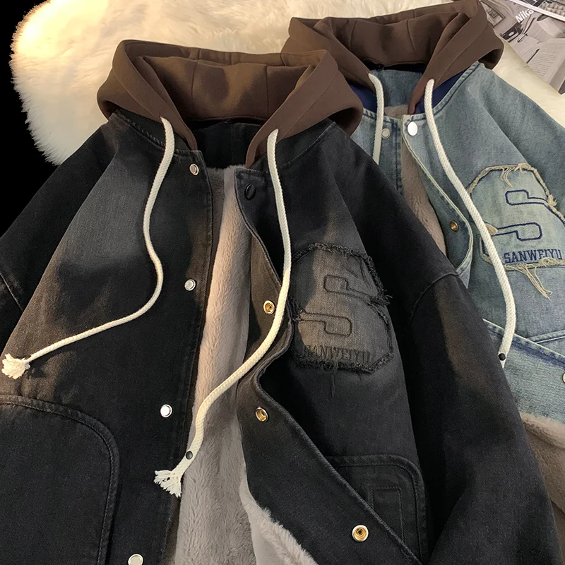 

Retro American Sle Men's Denim Cotton Jaet Winter Thiened Fce Lined Hooded Coat Warm Casual Loose FitTeenage Faion