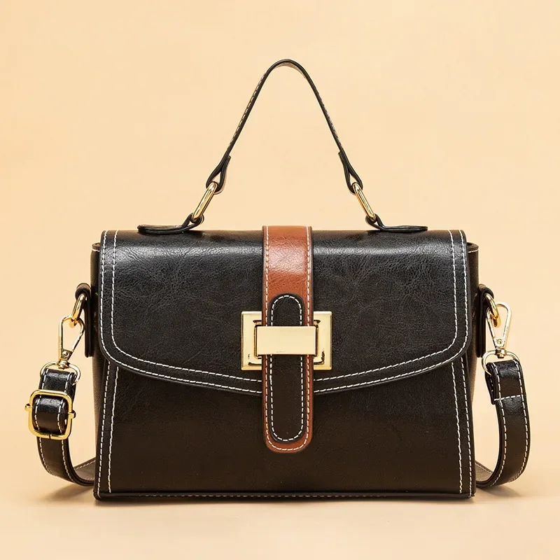 Retro oil wax leather motorcycle bag new women's bag European and American fashion soft leather bag simple handheld shoulder bag