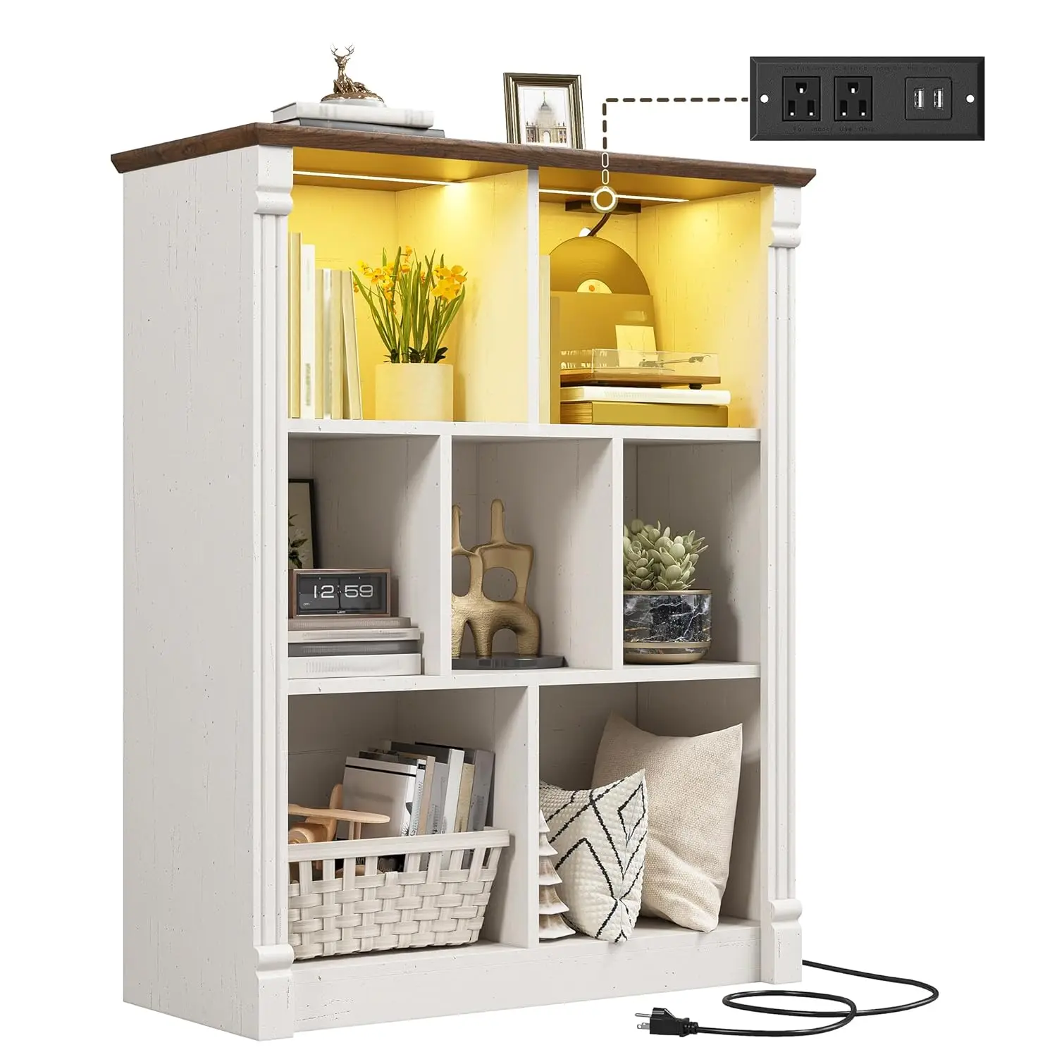 Organizador de Almacenamiento de 7 Cubos con Luz LED y Estación de Carga, Estante de Madera en Forma de Cubo, Librería Blanca para Dormitorio o Sala de Estar, Personalizable
