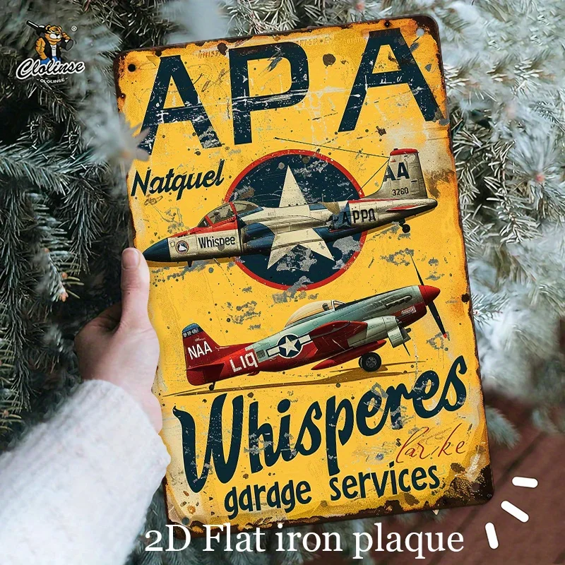 Vintage Aviation-Themed Metal Wall Sign -  Retro Garage Decor with Classic Aircraft,APA Whisperes Garage Services Text, Durabl