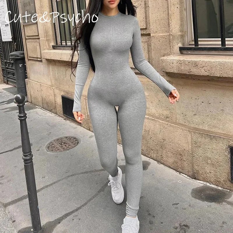 Cuteandpsycho Solid Streetwear Joggers Jumpsuits for Women Long Sleeves Fashion Overalls Zipper Slim Bodycon Basic Outfits 90s