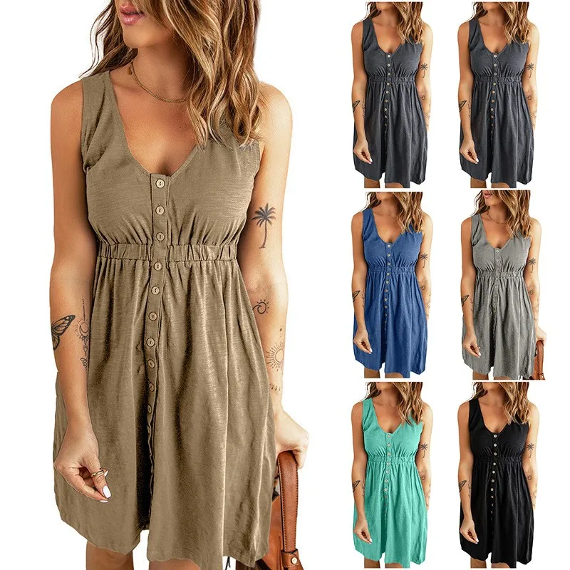 Damen Freizeit kleid Sommer ärmellose Button Down einfarbiges Kleid hohe Taille elastische Taille gerade Swing Tank Kleider