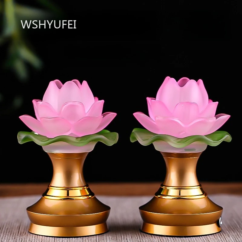 Glass Lotus Lantern Buddha Supplies Lamps LED Colorful Home Plug in Alloy Lotus Lamp Chinese Style Perpetual Light