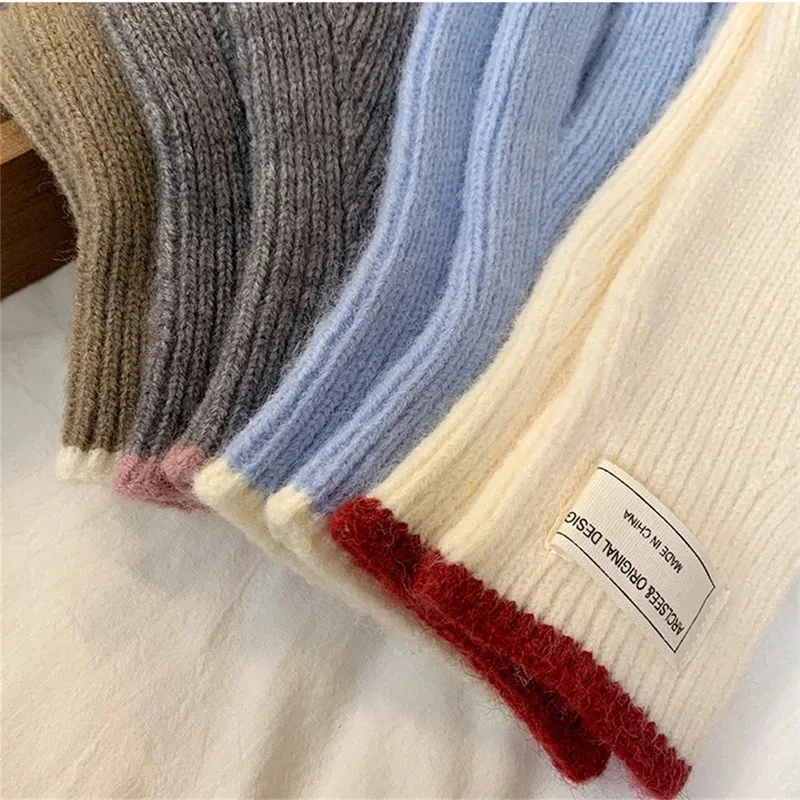 Women's Winter Warm Knitted Full Finger Gloves Labelled Thicken Long Outdoor Gloves Solid Color Touchscreen Stretch Mittens