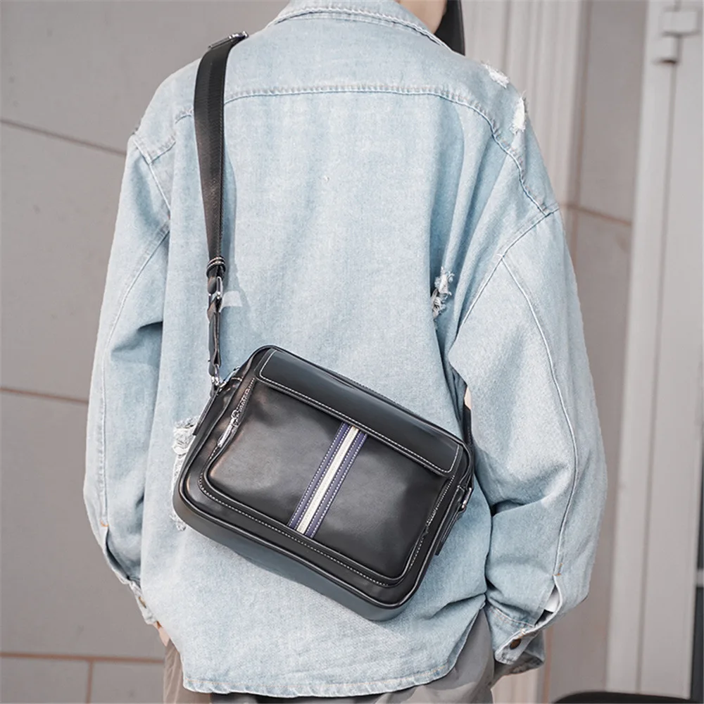 Simple PU leather square flap single-shoulder bag, multi-pocket crossbody travel cycling backpack for the street