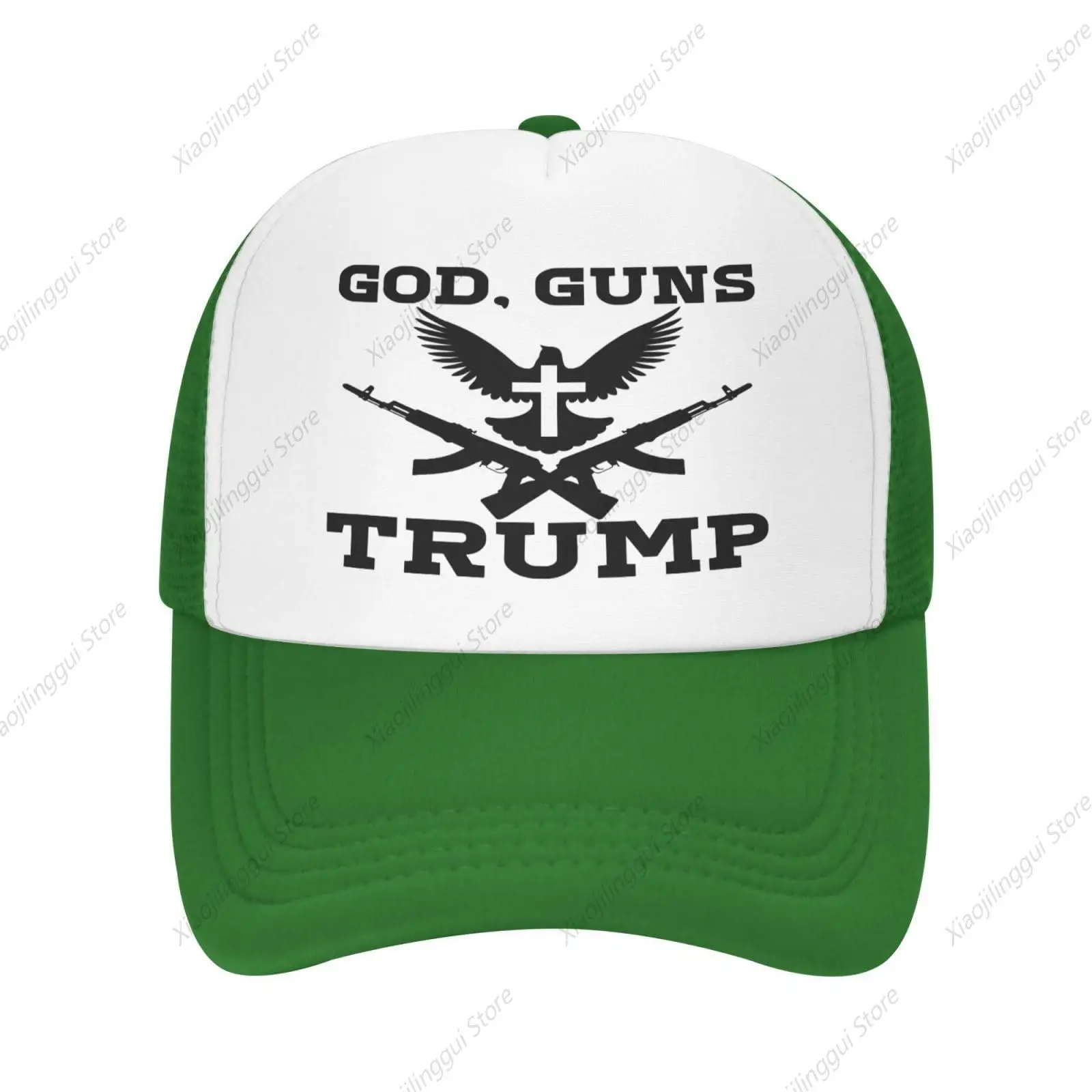 God, Guns & Trump 2024 Vote Republican 2nd America Amendment Trump First Christian Mesh Hat Trucker hat Baseball Cap Green