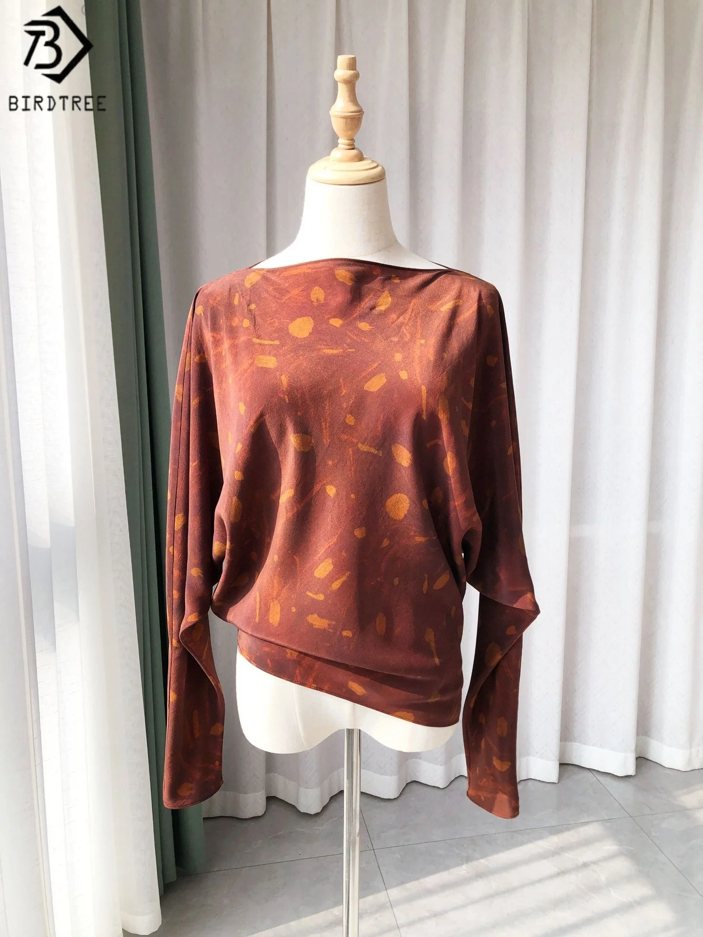 

Birdtree 100% Mulberry Silk Red Brown Shirt,Women Sand Wash Double Crepe Dolman Sleeve Boat Neck Blouse,2025 New T57920JF