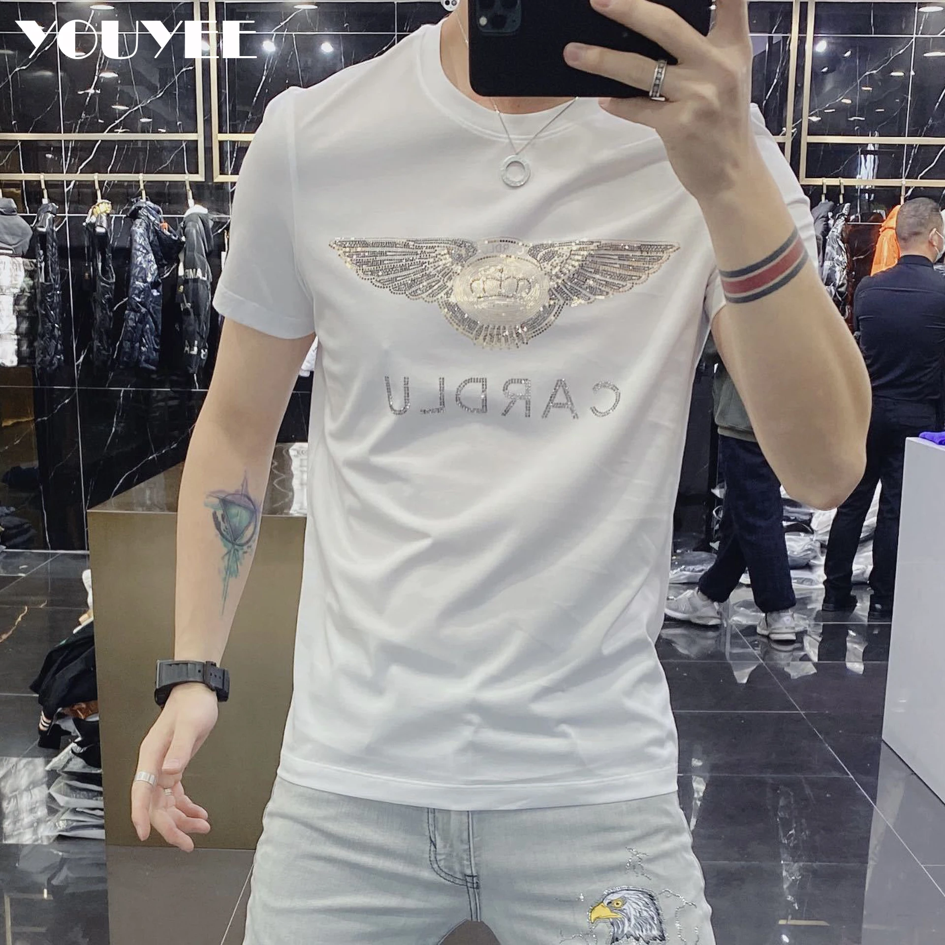 Fashion Stick Diamond T-shirt Personalized Breathable Hot Diamond Slim Mercerized Cotton Thin Short Sleeve Tees 2022 Summer Top