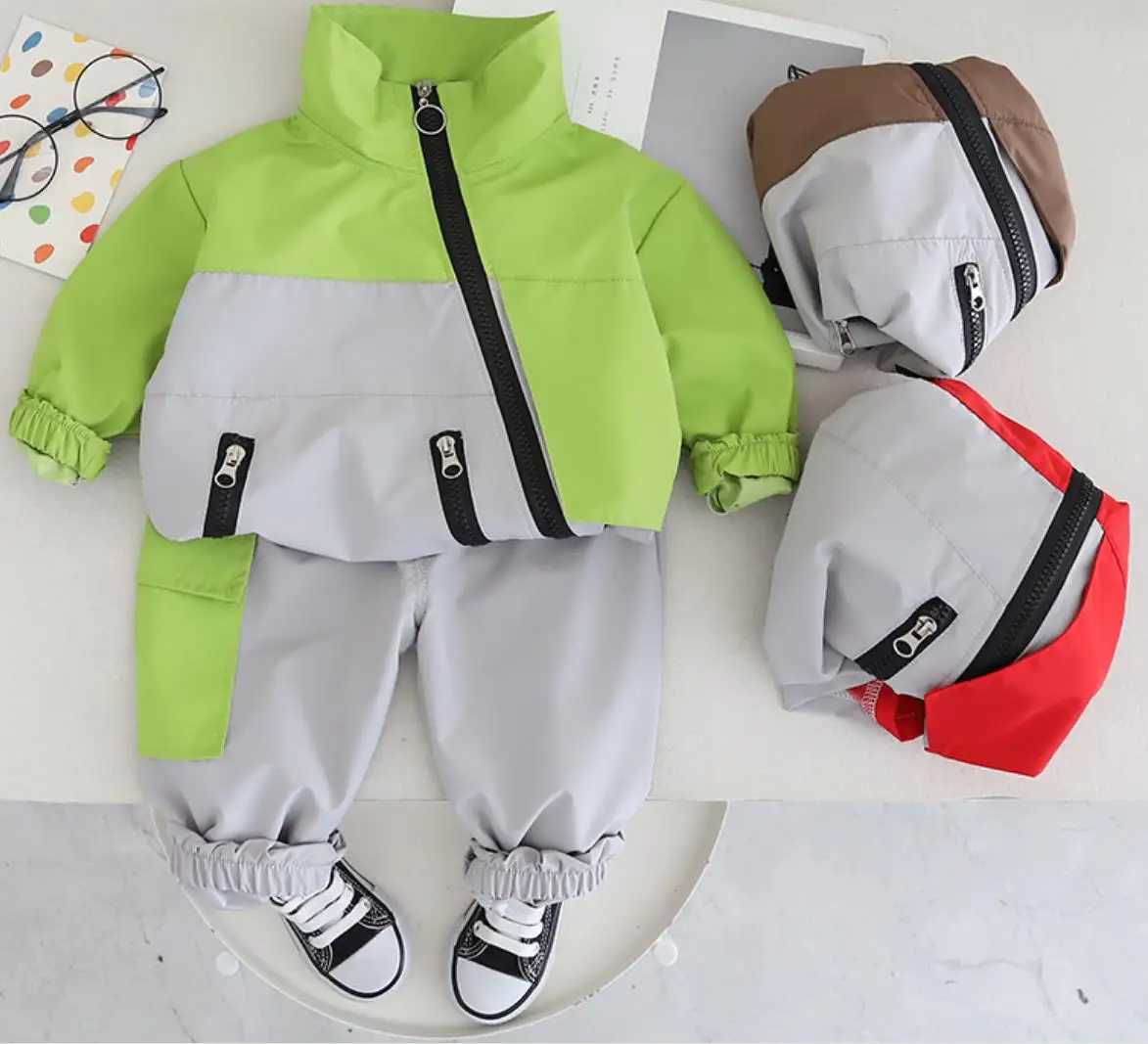 Boys Spring Autumn Suits Children Patchwork Stand-up Collar Zipper Jacket and Pants Two Piece Outfits Toddler Kids Tracksuits