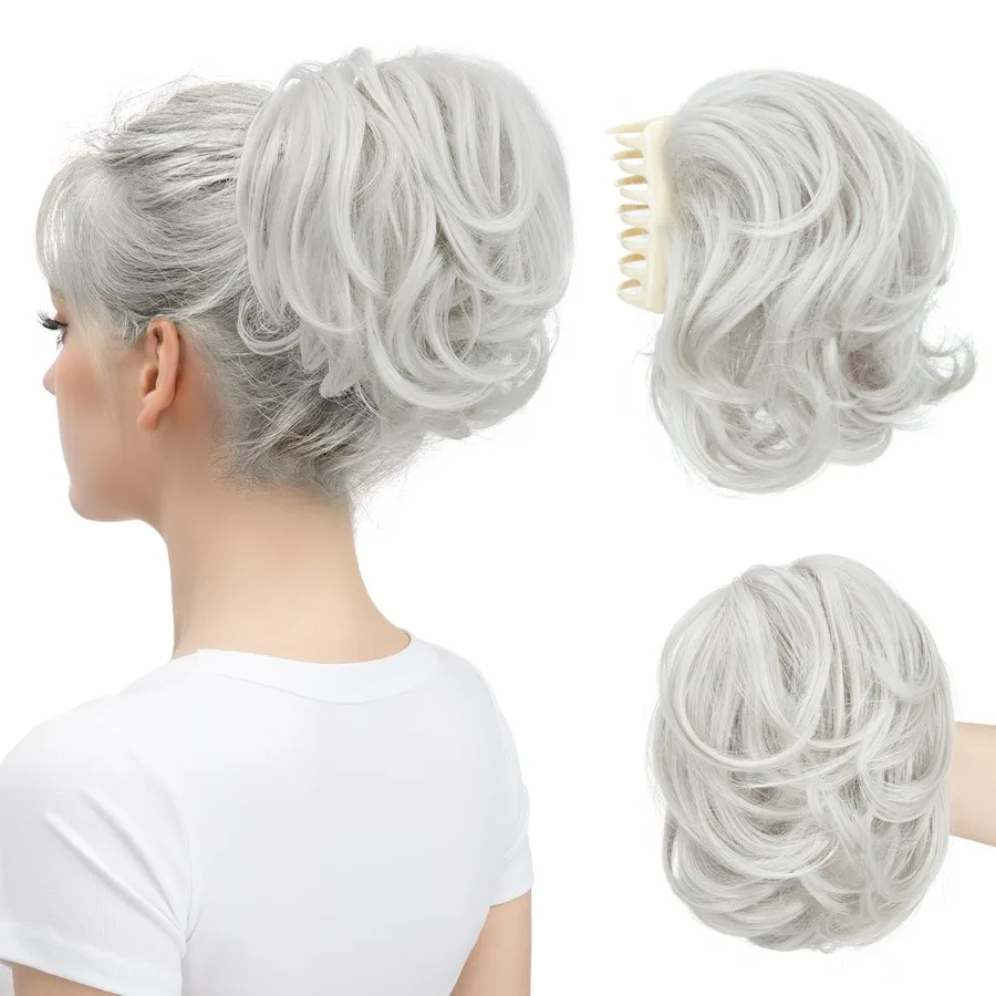 وصلات شعر صناعية بيضاء متعددة الاستخدامات لذيل حصان قصير وأنماط كعكة فوضوية قابلة للانحناء فكرة فروع الشعر المجعد المنفوش والمموج