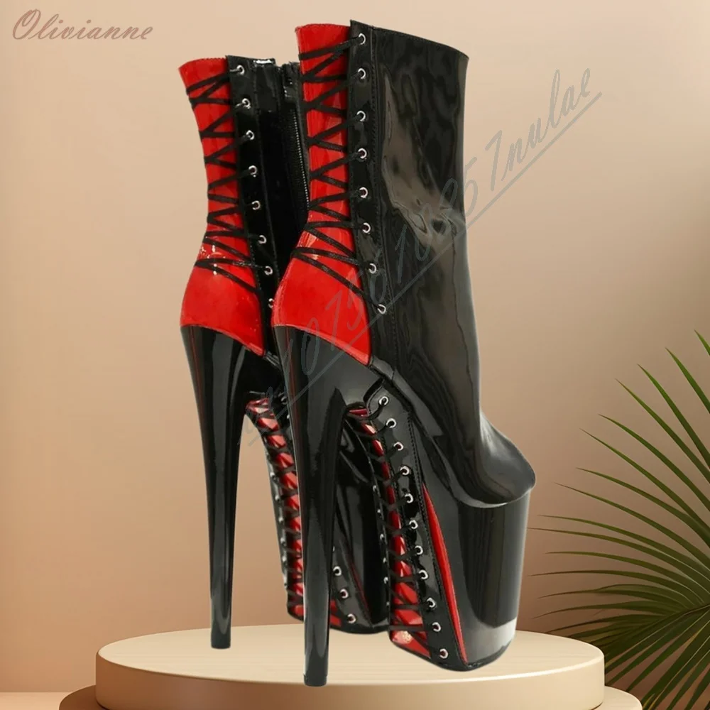 Pole Dance Exotic Black Red Contrast Glossy Patent Leather Ankle Boots Women Closed Pointed Hollow Side Lace Up Lacing Detail
