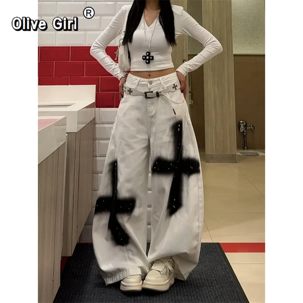 Y2K جينز نسائي عالي الخصر سوبر واسع الساق السراويل الفضفاضة أبيض أسود الصليب الكتابة على الجدران رصع القوطية الشارع الشهير سراويل جينز #5