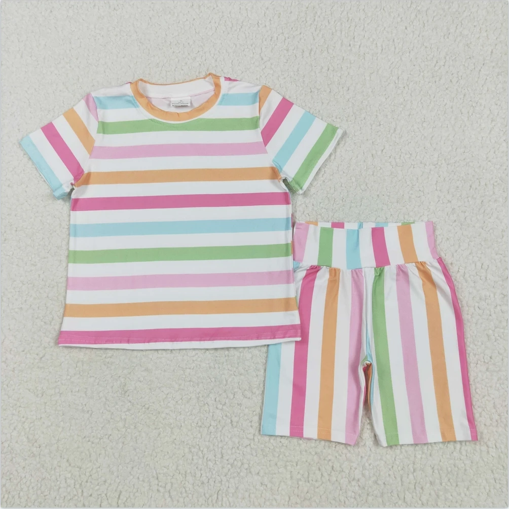 

Baby Girls ruffle outfits summer clothing Toddlers wholesale boutique Baby Short Sleeves Top Shorts Colorful Stripe kid clothes