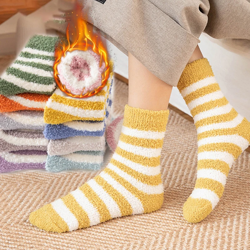 

Socks Women Striped Fluffy Coral Velvet Thick Warm Winter Socks Girls Indoor Floor Towel Sock Breathable Woman Cute Soks Meias