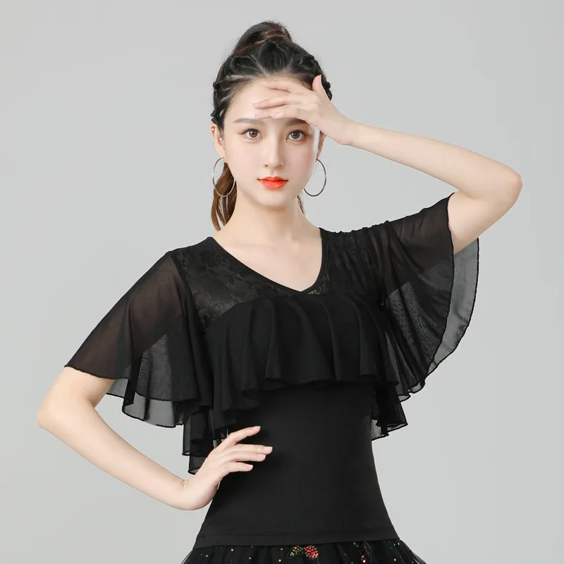 

Women Latin Ballroom Costume Vestidos Baile Latino Top Female Sexy Off-the-shoulder Chiffon Ruffled Lace Sleeves Waltz Dancewear