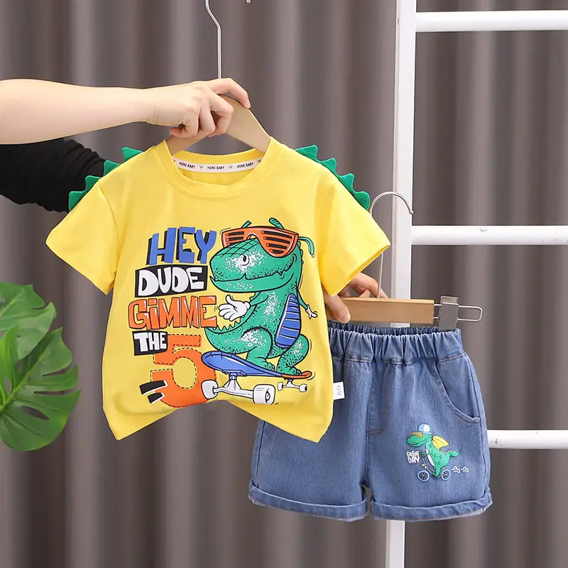 

Summer Children Cotton Clothes Kids Boys Printe Cartoon O-Neck Dinosaur T Shirt Shorts 2Pcs/Set Kids Fashion Toddler 0-5 Years