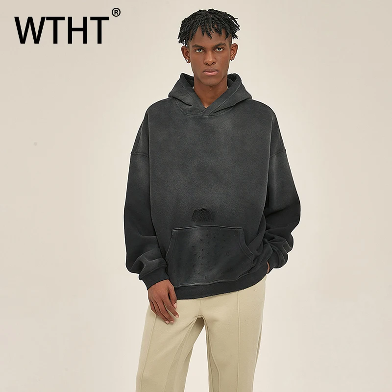 

WTHT Vintage Men's Gradient Hold Do Old Casual Sweatshirt Fashion 2025 Summer Long Sleeves Loose Hooded Pullover Male 2A1011
