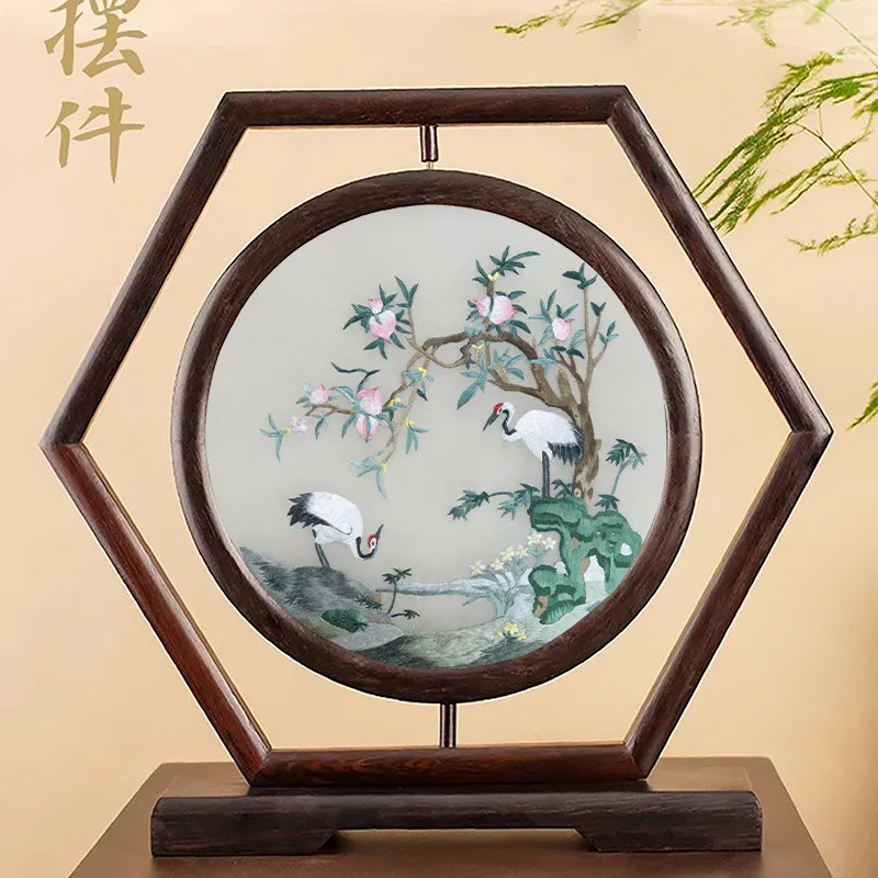 Suzhou embroidery desktop screen creative embroidery ornament Chinese style home mahogany table screen handmade double-sided emb