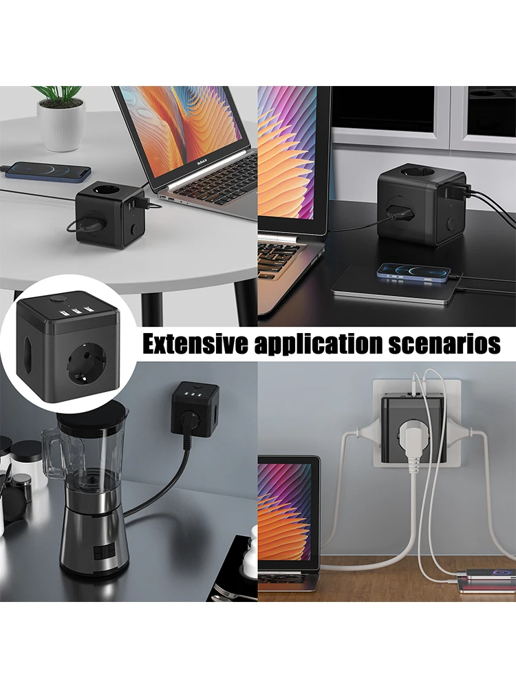 مكعب 6 في 1 بدون كابل مع مقبس مفتاح مع 2 مقابس يورو 1 شوكو و3 USB مع ضوء مؤشر مقبس قياسي أرضي