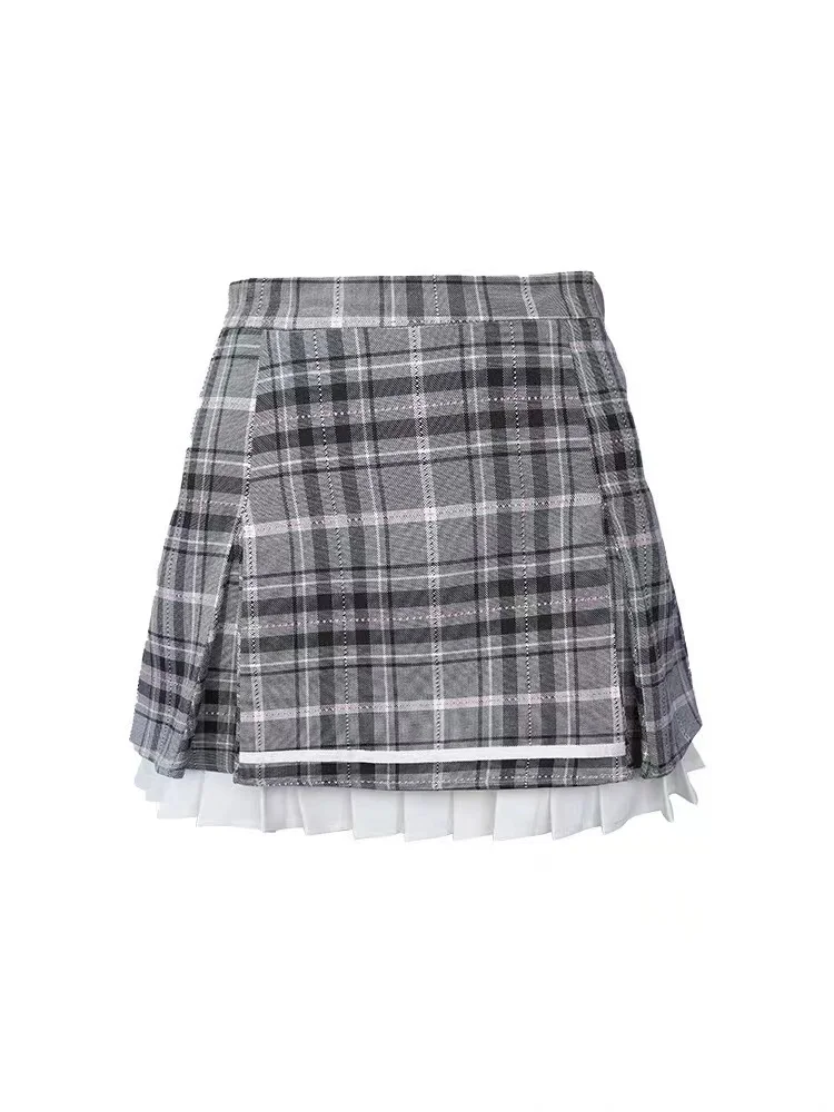 Preppy Style Sweet Cute White Short Sleeved Shirt Gray Plaid High Waist Skirt Two Piece Sets Womens Outifits Hot Girl Skirt Sets