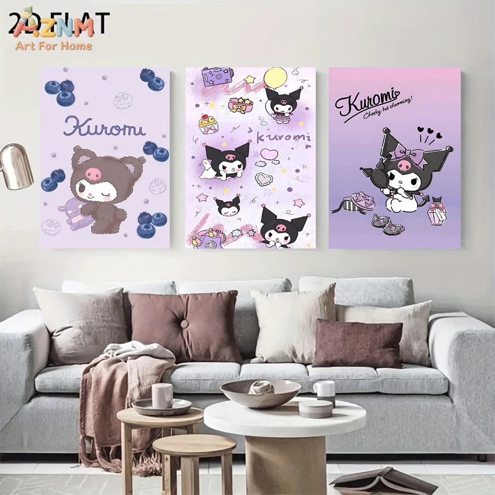 AZNM Kuromi Frameless Canvas Wall Art, Purple Blueberry Dessert Cartoon Poster, Gothic Cute Aesthetic Home Bedroom Decor Paintin
