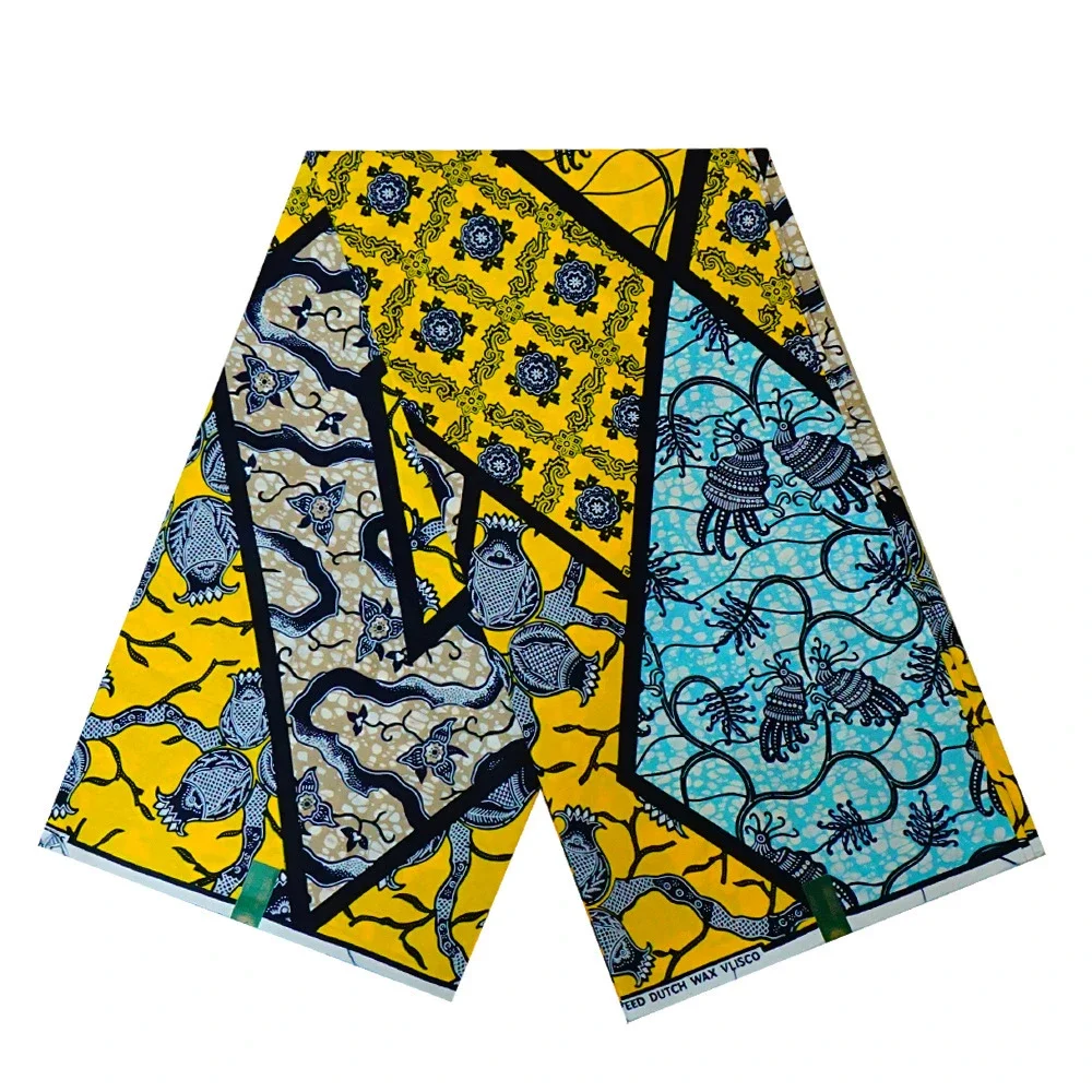 

Сине-желтая африканская восковая ткань с принтом для шитья одежды своими руками, диванные шторы, хлопковая ткань в стиле батик, ширина 115 см, длина 6 ярдов, R857