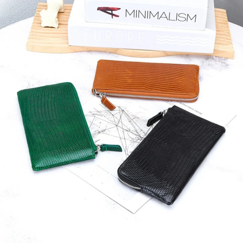 Stylish Lizard Pattern Genuine Leather Zipper Long Wallet Built-in card slot Slim Clutch Purse for Phone Cash Banknote Storage
