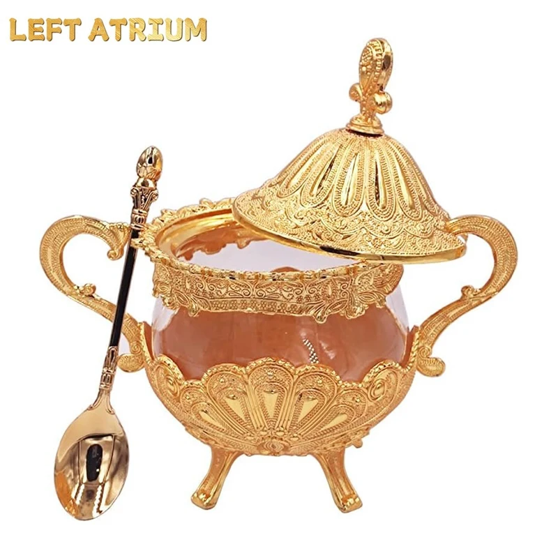 

Sugar Bowl with Lid and Spoon,Metal and Glass, Sugar Container for Sugar Cube and Powder, Spice Condiment Container,Salt Server