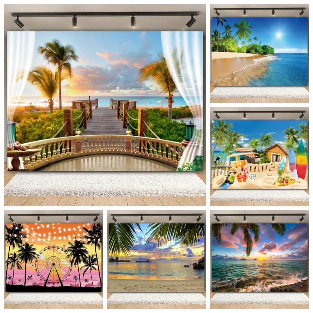 

Summer Tropical Beach Banner Photography Background, Hawaii Blue Waves Palm Tree Vacation Party Decoration Photography Backdrop