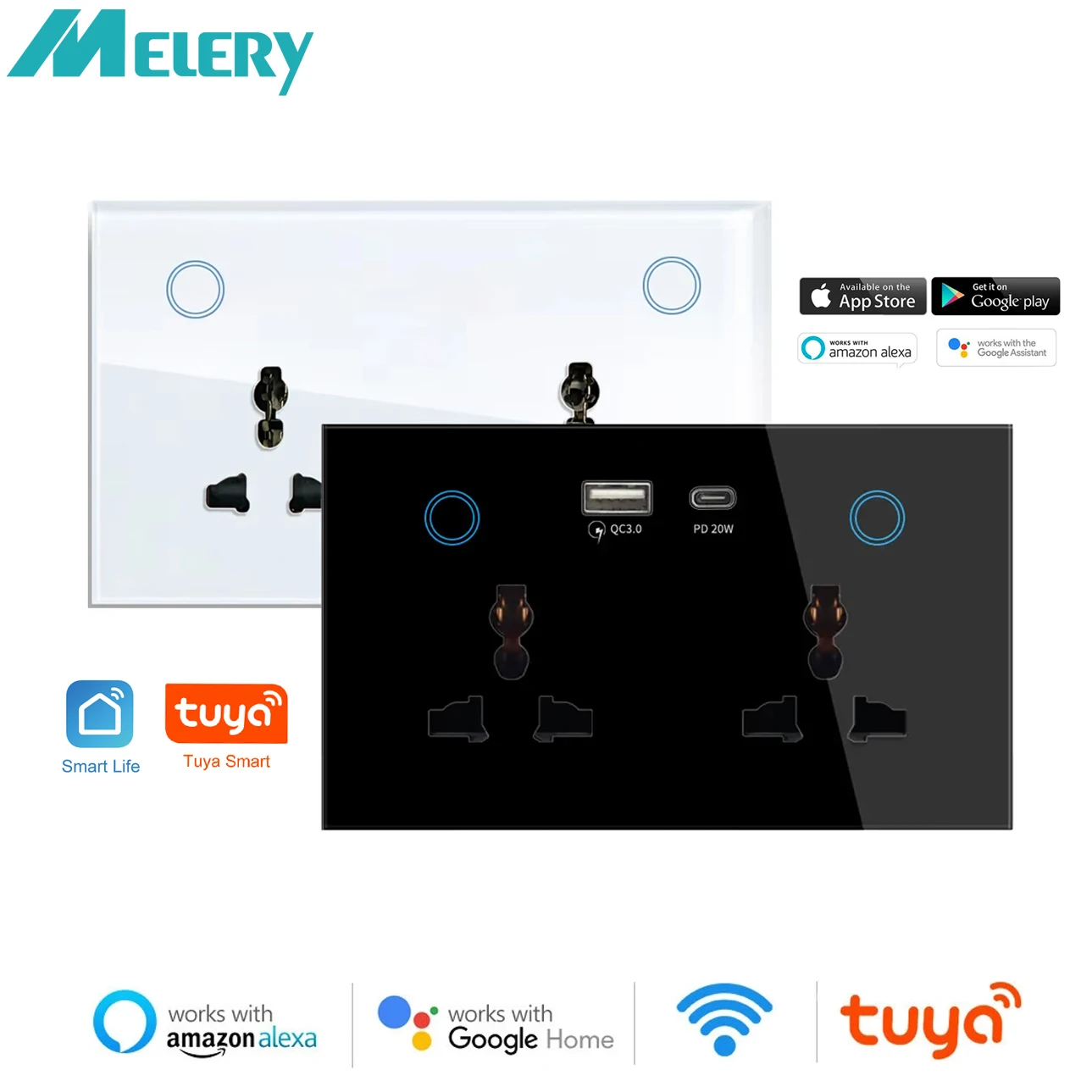 

Melery WIFI Wall Socket Universal Electrical Plug Outlet TYPE-C 20W USB Power Touch Switch Wireless Charge by Alexa Google Home