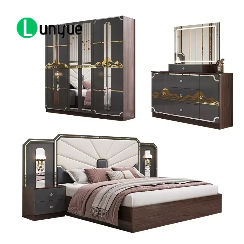 Modern Luxury Bedroom Furniture Set Wooden Frame High Gloss Grey King Size Bed Master Room Suite Turkish Bedroom Sets