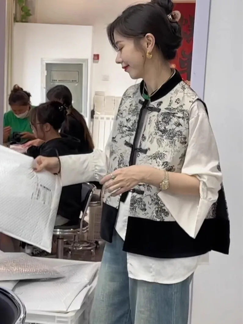 

Ele Embroidered Chinese Sle Women's Vest Outerwear Spring Autumn New Arrival Faionable Commute Sle ort Length