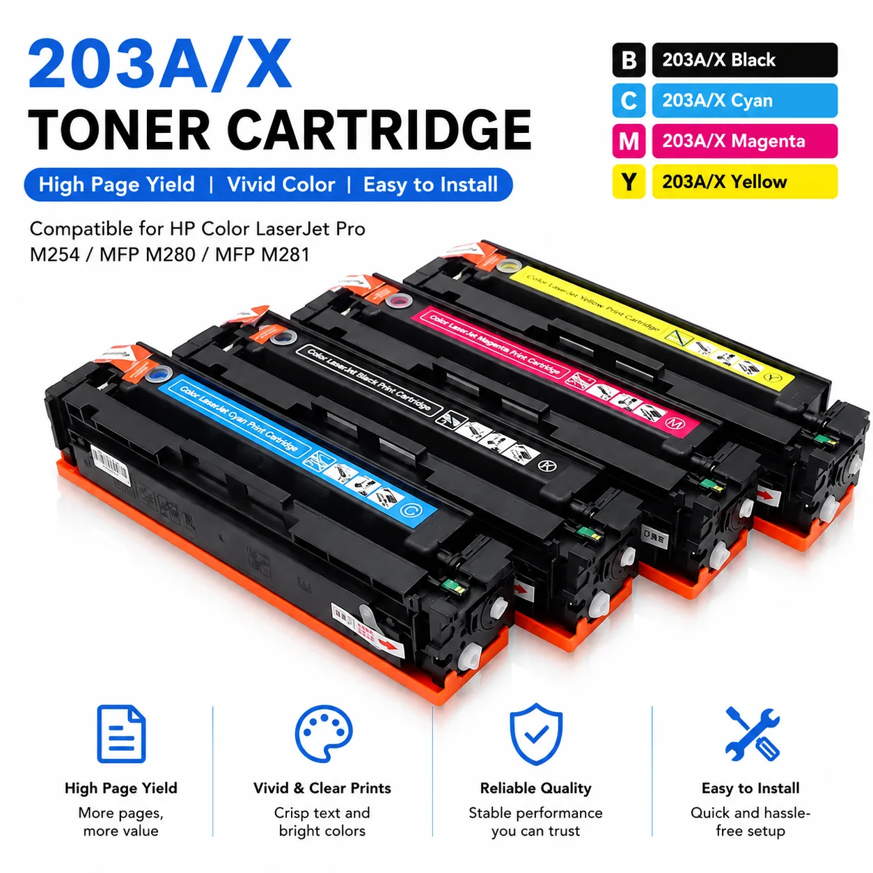 203A 203X CF540X CF540A Toner Cartridge for HP Color LaserJet Pro M254dw M254nw M281FDN M281FDW M280NW Printer with Chip