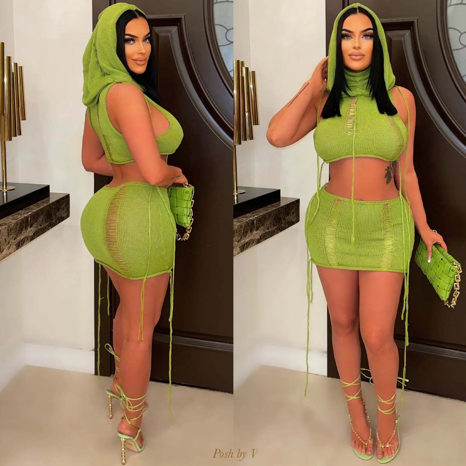 Sexy Knitted Hole Baddie 2 Piece Set Women Summer Casual Hollow Out Hoodie Crop Top + Mini Skirts Club Outfits Beach Sets 2023