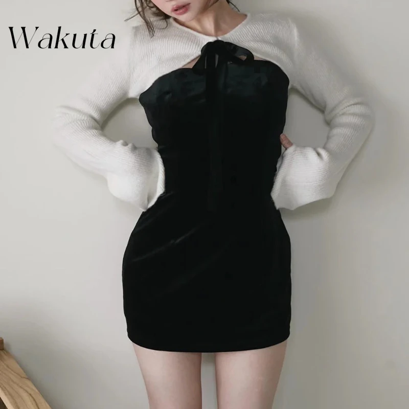 WAKUTA Japanese Niche Spring Sweet Long Sleeve Lace Up Bow Knit Hooded Sweater Suede Slim Fitting Suspender Dress Two-piece Sets