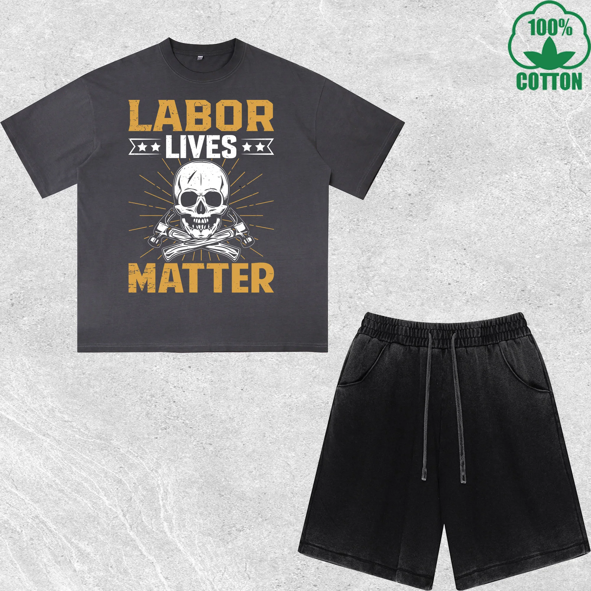 

Labor Lives Matter Printed Dirty Wash 100%Cotton T-Shirt Shorts Set Multicolor Combo Loose Trendy Fashionable
