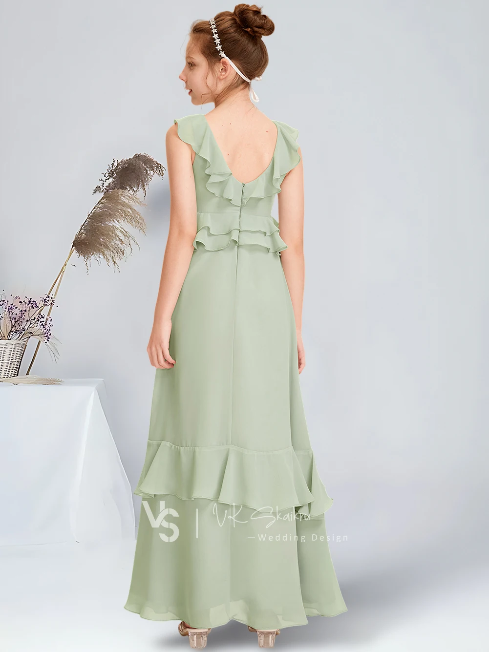 A-line Scoop Floor-Length Chiffon Junior Bridesmaid Dress With Cascading Ruffles Celadon Flower Girl Dress for Wedding Party