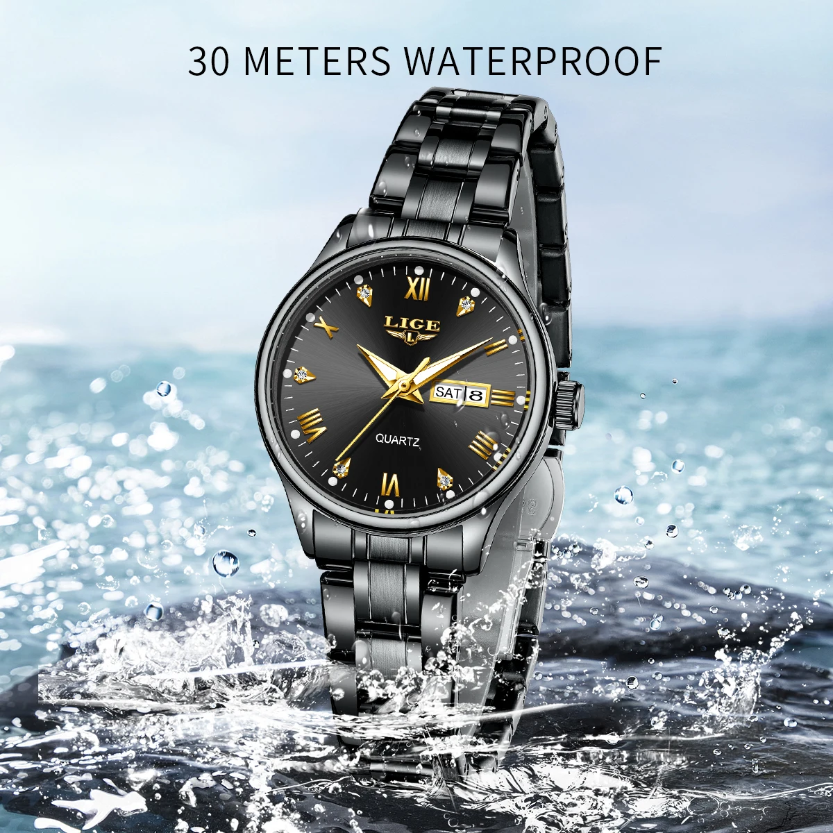 ساعة LIGE Top Band Woman الكلاسيكية للأعمال الماسية بتقويم مقاوم للماء للسيدات ساعة يد كوارتز أصلية للنساء
