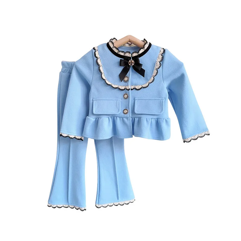 Childrens Set 2024 Autumn New Girl French Doll Collar Single Breasted Buckle Soft Solid Color Tops Casual Pants Two Piece Set image 6
