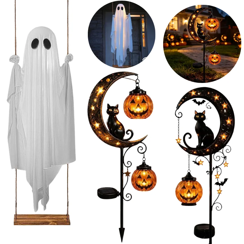 2026 Solar Powered Halloween Garden Stake Light Moon Black Cat Pumpkin Lantern LED Light For Patio Lawn Outdoor Decoration