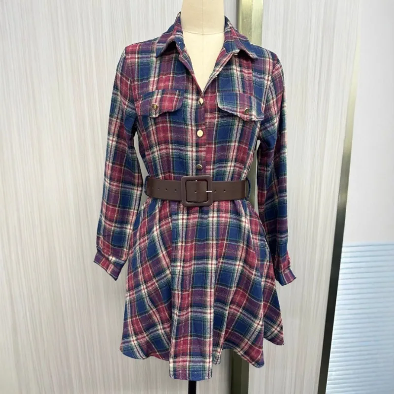 تنورة قصيرة منقوشة بأكمام طويلة لخريف 2025 أوروبية وأمريكية جديدة + حزام ، فستان الحفلات ، فستان نسائي