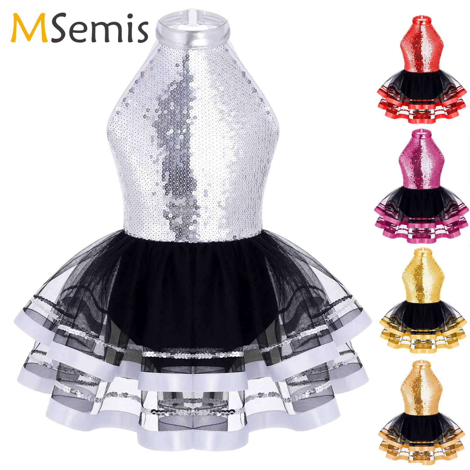 Ballerina Gymnastics Leotard Kids Girls Sequined Ballet Tutu Dress Modern Jazz Latin Dance Stage Performance Outfit Dancewear