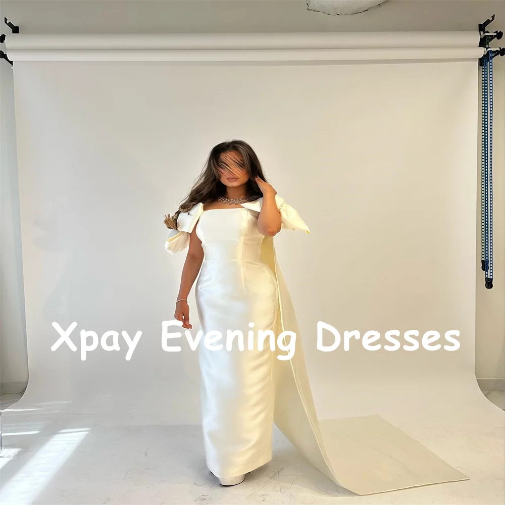 XPAY-Vestidos de Noche de satén blanco para mujer, elegantes vestidos árabes de Arabia Saudita, con lazo en el hombro, sin tirantes, capa de manga larga, vestidos formales para ocasiones de Graduación