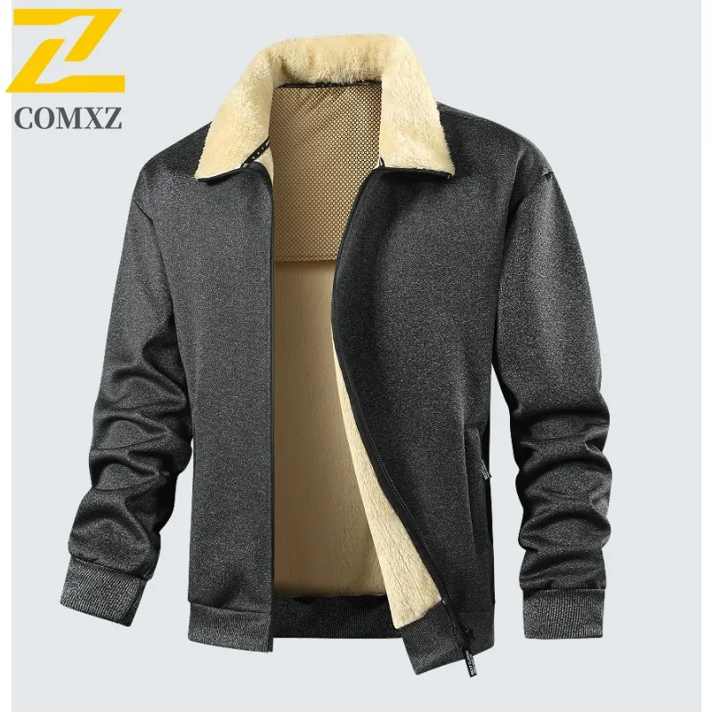 COMXZ Premium Mens Jacket Luxury Notch Lapel Shearling Outdoor Travel Anti-Cold Coat Street Style Lightweight Autumn Winter Wear