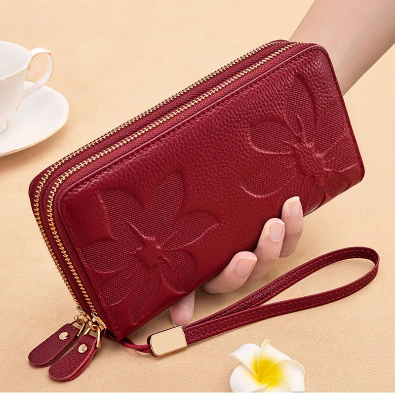 BANYANU Fashion RFID Blocking Grain Cowhide Leather Women Wallet Long Luxury Business Card Case Bag Zipper Lady Purse Wallets