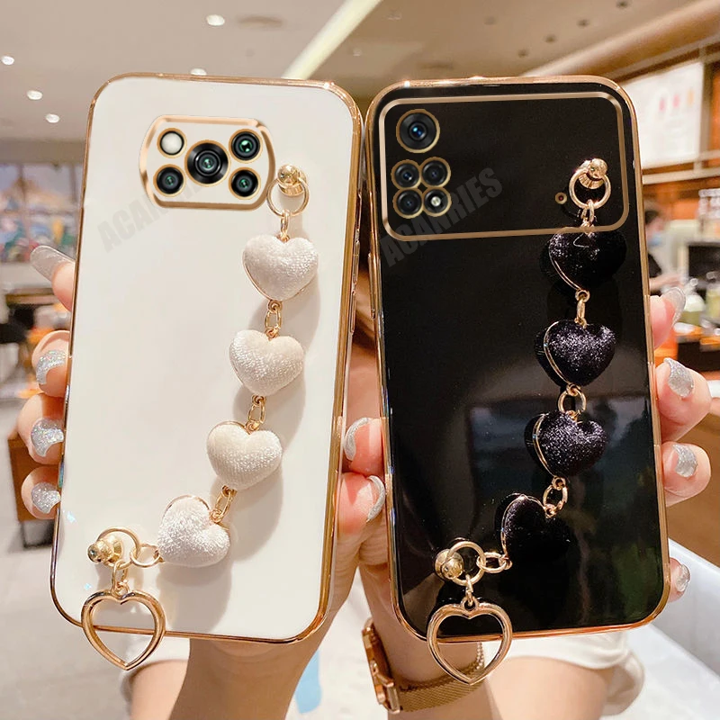 Pocox3 Nfc Love Heart Bracelet Case For Xiaomi Mi Poco X3 M4 X4 Pro 5g X3pro M4pro 4g F3 Chain Plating Silicone Cover Poko X4pro