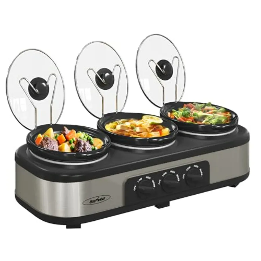 

Triple Slow Cooker Buffet Server Warmer with 3 Removable Ceramic Pots 3 Adjustable Temp Settings 3 Metal Lid Rests Stainless St