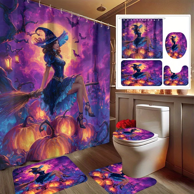 

4pcs Winter Snowman Festival Print Yudi Set Decoration Bathroom Set Includes Shower Curtain, Non-Slip Floor Mat, Toilet Seat
